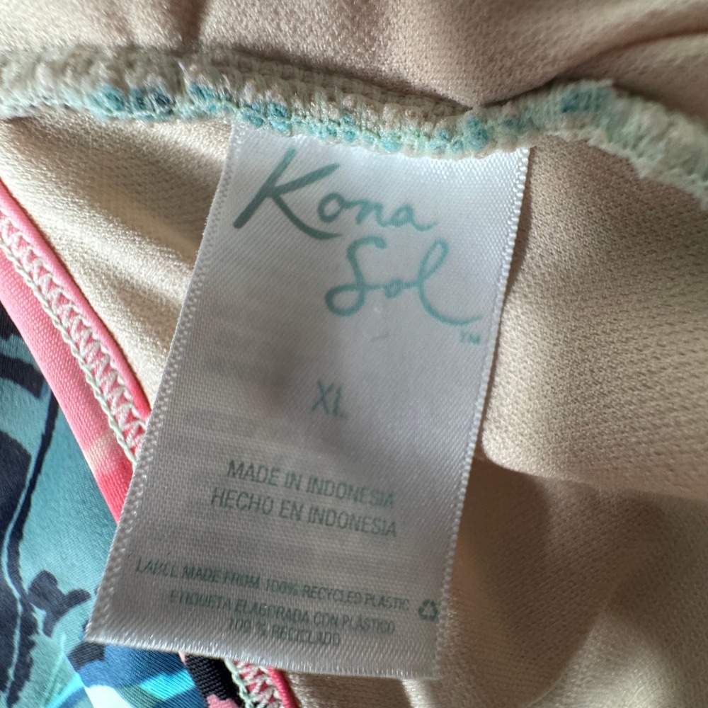 Kona Sol Womens XL Tropical Floral One Piece Swimsuit Teal Pink VNeck Cross Back - Picture 8 of 9